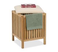 Relaxdays Laundry Hamper with Seat, Bathroom Stool with Storage, 30L, HWD: 51x38x38 cm, Wood & Fabric, Natural/White, Polyester, Cotton