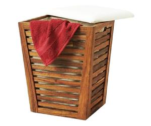 Relaxdays laundry hamper with seat & storage bench, 50L, brown/white | HxWxD 56x40x40 cm, acacia wood & fabric
