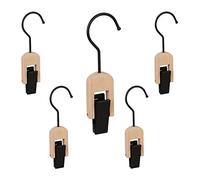 Relaxdays Laundry Hooks, Set of 5, Metal & Wood, Hanging Clamp Hooks, Rubberised Clips, Clip Hook, Black/Natural