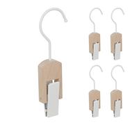Relaxdays Laundry Hooks, Set of 5, Metal & Wood, Hanging Clamp Hooks, Rubberised Clips, Clip Hook, White/Natural