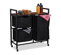 Relaxdays Laundry Basket, 3 Pull-out Compartments, Rollable Storage Rack, Linen Bin, Industrial Design, Black/Brown, Cotton, 78 x 72.5 x 30.5 cm