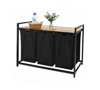 Relaxdays laundry sorter with 3 removable bags, wood-effect shelf, 150L capacity, 73.5x109.5x33cm, black/natural
