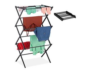 Relaxdays Laundry Stand, Foldable & Extendable Tower, 11 Rails, Space-saving Clothes Drying Rack, Metal, Black