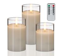 Relaxdays LED Candles in Glass, Set of 3, Remote Control, Timer, Flickering Flame, Real Wax, Pillar Style, White, 10% Plastic 70% 20%