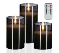 Relaxdays LED Candles in Glass, Set of 3, Remote Control, Timer, Flickering Flame, Real Wax, Pillar Style, Grey