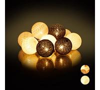 Relaxdays LED String Lights with 10 Cotton Balls, Battery-Operated, Mood Lighting, 6 cm Ø, White-Grey-Black