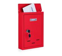 Relaxdays Letter Box with Name Plate, Metal, Lockable, with 2 Keys, Post Box, HWD: 30.5 x 21 x 7 cm, Wall-Mounted, Red