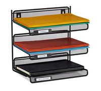 Relaxdays Letter Rack Metal, 3 Tiered, Labels, DIN A4, Office, Study Desk File Organizer, Wall-mount, 32x33x25 cm, Black
