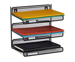 Relaxdays Letter Rack Metal, 3 Tiered, Labels, DIN A4, Office, Study Desk File Organizer, Wall-mount, 32x33x25 cm, Black
