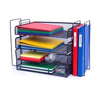 Relaxdays letter tray, metal, A4, 4 tiers, 2 file holders, HxWxD: 30 x 49.5 x 24.5 cm, desk organiser, black