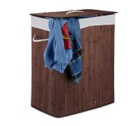 Relaxdays Lidded Bamboo Laundry Hamper, 100 L, Clothes Container, 2 Compartments, Folding, Rectangular Basket, Bathroom, Brown, 63 x 55 x 35 cm