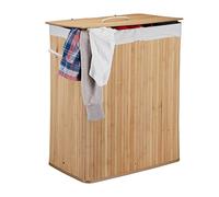 Relaxdays Lidded Bamboo Laundry Hamper, 100 L, Clothes Container, 2 Compartments, Folding, Rectangular Basket, Bathroom, Natura