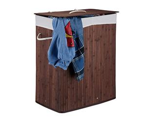 Relaxdays Lidded Bamboo Laundry Hamper, 100 L, Clothes Container, 2 Compartments, Folding, Rectangular Basket, Bathroom, Brown, 63 x 55 x 35 cm