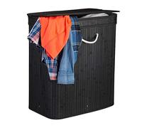 Relaxdays Lidded Laundry Hamper, 2 Compartments, Partitioned Bag, Ventilated, 72 litres, Bamboo Basket, Black, 62 x 55 x 35 cm