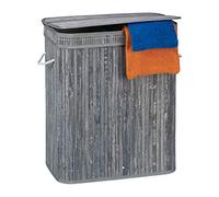 Relaxdays Lidded Laundry Hamper, 2 Compartments, Partitioned Bag, Ventilated, 72 litres, Bamboo Basket, Grey, 62 x 55 x 35 cm