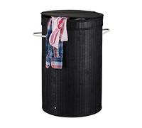 Relaxdays Lidded Laundry Hamper, Round Clothes Sorter, 65 Litres, XXL Stand, Black, Bamboo, 63 x 40 x 40 cm