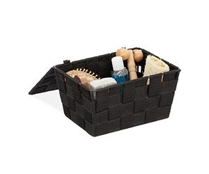 Relaxdays Lidded Storage Basket with Lid, Bathroom Storage, PP, HxWxD: 10.5 x 19.5 x 14.5 cm, Black