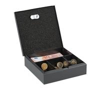 Relaxdays Lockable Cash Box, Removable Insert, 4 Compartments, Money Safe, Iron, HxWxD: 6 x 17 x 17.5 cm, Grey