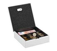 Relaxdays Lockable Cash Box, Removable Insert, 4 Compartments, Money Safe, Iron, HxWxD: 6 x 17 x 17.5 cm, White