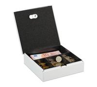 Relaxdays Lockable Cash Box, Removable Insert, 4 Compartments, Money Safe, Iron, HxWxD: 6 x 17 x 17.5 cm, White
