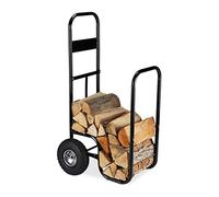 Relaxdays Log Holder Cart, Steel Firewood Trolley, with 2 Pneumatic Tyres, Wood Transport & Storage, up to 60 kg, Black, 108.5 x 52 x 59 cm