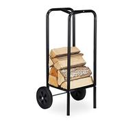 Relaxdays Log Holder Cart, with 2 Pneumatic Tyres, Steel Firewood Trolley, Wood Transport & Storage, up to 60 kg, Black, 89.5 x 46 x 39 cm