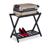 Relaxdays Luggage Rack, Foldable, Bamboo, HxWxD: 59 x 68 x 40 cm, with Shelf, Suitcase Storage Hotel, Black, 90% 10% Nylon