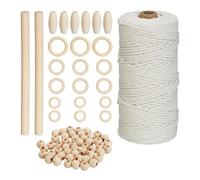 Relaxdays Macramé Set, for Beginners, 74-Piece Craft Kit with Wooden Beads & Rings, 109m Cotton Yarn, White/Natural, 3mm x 109 m