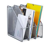 Relaxdays Magazine File, A4, 3 Compartments, Mesh Design, 31.5 x 24 x 29 cm, Office Tidy, Document Holder, Metal, Silver, Steel