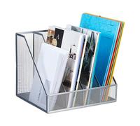 Relaxdays Magazine File, A4, 4 Compartments, Mesh Design, 26 x 31 x 26 cm, Office Storage, Metal Document Holder, Silver, Steel