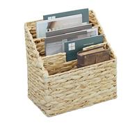 Relaxdays Magazine Holder, Water Hyacinth, Freestanding, 34 x 34 x 20 cm, Newspaper Rack with 3 Compartments, Natural, Plant fibre, Iron