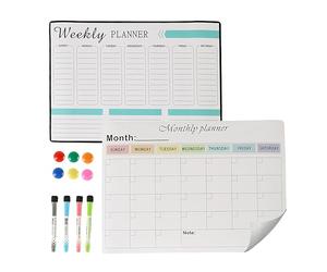 Relaxdays magnetic whiteboard set for refrigerator, weekly & monthly planner, wipeable, 4 pens, 6 magnets, white