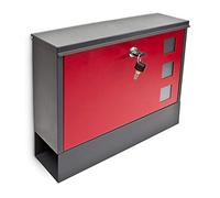 Relaxdays Mailbox with Newspaper Compartment, HWD: 30 x 36 x 10 cm, 2 Keys, Steel, Viewing Window, Modern, Black-Red