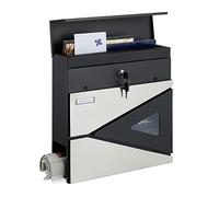 Relaxdays Mailbox with Newspaper Compartment, HxWxD 37 x 37 x 11 cm, Secure, Spare Key Included, Steel, Silver/Black, Stainless steel