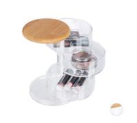 Relaxdays Make Up Organiser, 3 Rotating Levels, for Cosmetics & Jewellery, Make-up Storage Box, Bamboo, Plastic, Clear