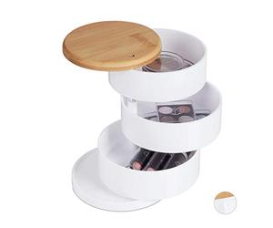 Relaxdays Make Up Organiser, 3 Rotating Levels, for Cosmetics & Jewellery, Make-up Storage Box, Bamboo, Plastic, White