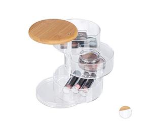 Relaxdays Make Up Organiser, 3 Rotating Levels, for Cosmetics & Jewellery, Make-up Storage Box, Bamboo, Plastic, Clear