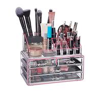 Relaxdays Makeup Organizer with 4 Drawers, Pink Stripes | Cosmetics Holder for Nail Polish and Lipstick, Makeup Kit