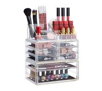 Relaxdays Organizer with Drawers, Stacking Makeup and Jewellery Box, Acrylic Cosmetic Kit, Clear-Gold, 30 x 24 x 14cm