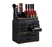 Relaxdays Makeup Organizer with Drawers, Stacking Makeup and Jewellery Box, Acrylic Cosmetic Kit, Black-Gold