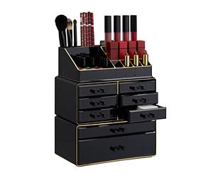 Relaxdays Makeup Organizer with Drawers, Stacking Makeup and Jewellery Box, Acrylic Cosmetic Kit, Black-Gold