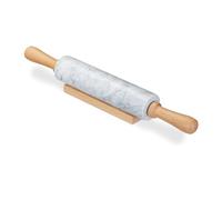 Relaxdays 10028837_49 Marble Rolling Pin, Wooden Handles, Roller for Cooking and Baking, with Stand, Heavy, White