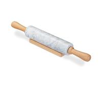 Relaxdays 10028837_49 Marble Rolling Pin, Wooden Handles, Roller for Cooking and Baking, with Stand, Heavy, White