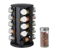 Relaxdays Spice Carousel, 20 Jars, 80ml Each, 360° Rotating, Stainless Steel, Glass, HxØ: 34.5x22cm, Counter Rack, Black, 34.5 x 22 x 22 cm