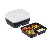 Relaxdays Meal Prep Containers, Set of 10, 3 Compartments, Microwave-Safe, 1000 ml, Reusable, Plastic Lunch Box, Black, 4.5 x 21.5 x 18.5 cm