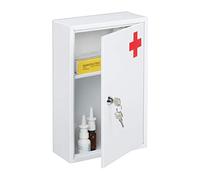 Relaxdays Medicine Cabinet, Lockable, 2 Compartments, White/Red | HxWxD: 32 x 21.5 x 8 cm, Wall Mounted, First Aid, Metal