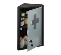 Relaxdays Medicine Cabinet, 3 Shelves, 45x30x17.5 cm, Lockable, Corner First Aid Cupboard, Steel, Glass Door, Black