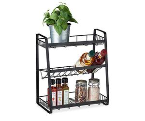 Relaxdays Metal Spice Rack, 3 Tiers, Standing Jar Holder, for Herbs, Kitchen Organiser, HxWxD: 38 x 35 x 18.5 cm, Black