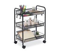 Relaxdays Metal Trolley with 3 Mesh Shelves, Kitchen & Bathroom Storage, 63x44.5x26 cm, Black