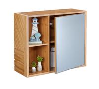 Relaxdays Mirror Bathroom Cabinet, 2 Open Compartments, Storage Space with Door, HxWxD: 45 x 54.5 x 20 cm, Natural, Bamboo